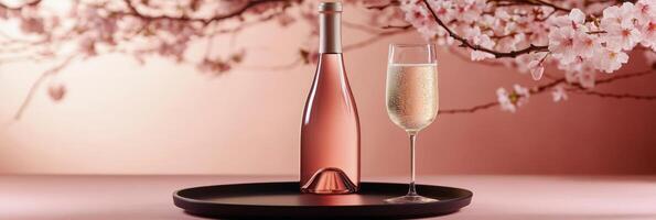 Elegantly styled rose wine and glass on black tray with cherry blossom backdrop photo