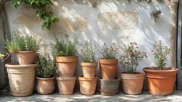 Vibrant garden pathway lined with blooming flower pots in serene outdoor environment photo