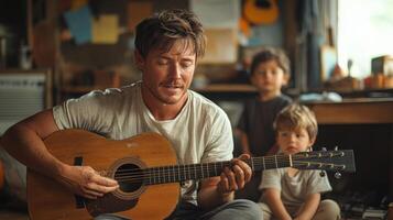 Father and children enjoy a cozy moment while playing guitar in a snowy forest photo