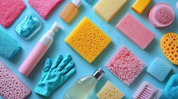 Colorful cleaning supplies and citrus fruits arranged on a flat surface for an artistic display photo