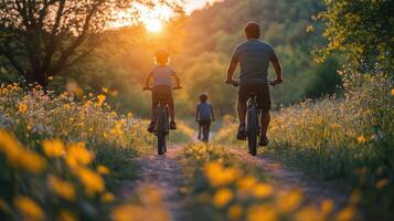 Family biking at sunset along a flower-filled path in the countryside photo