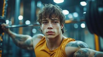 Strong individual lifting heavy barbell in modern gym during evening workout session photo
