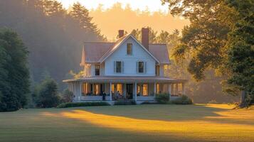 Children play in autumn landscape with colorful leaves near historic house during sunset photo