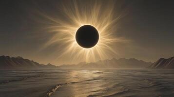 Majestic solar eclipse over a tranquil landscape with mountains and water at dusk photo