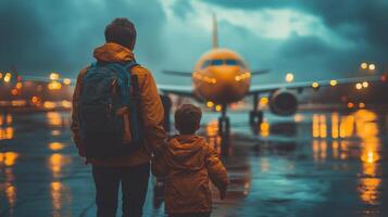 familia caminando juntos a puesta de sol en un reflexivo aeropuerto pista foto