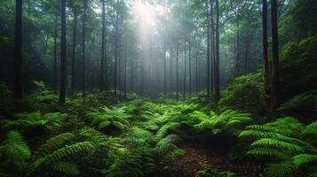 Serene forest with lush ferns illuminated by soft sunlight filtering through tall trees photo