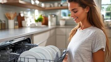 Young man loading clean plates into a modern dishwasher in a bright kitchen photo