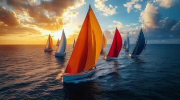 Sailing at sunset with colorful sails on a calm ocean photo