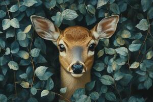 Deer gazing through lush green foliage in a serene forest setting during daylight hours photo
