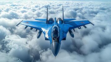 Fighter jet soaring above fluffy clouds during a bright sunny day in clear blue skies photo