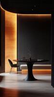 Soft light illuminates a dark table against a textured wall in an artistic space photo