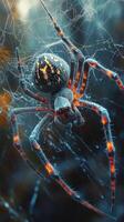 Close-up view of a spider revealing intricate details of its body and legs on a dark background photo
