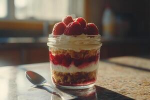 Fresh raspberry dessert served in a glass jar, perfect for summer gatherings and celebrations photo