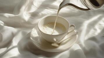 Pouring milk into a delicate cup on soft white fabric creates a tranquil atmosphere photo