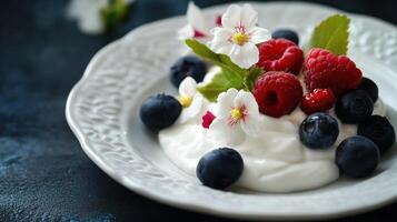 Fresh berries and flowers on creamy yogurt served on elegant plate photo