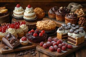 Delicious display of assorted desserts at a vibrant bakery during a summer festival photo