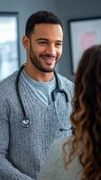 Smiling healthcare professional interacting with patient in a modern clinic setting photo
