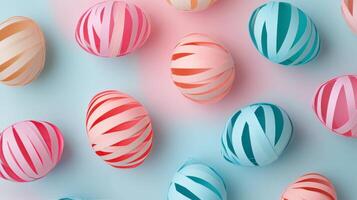 Colorful paper ribbons and eggs arranged artfully on a light background for festive decoration photo