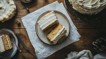 Delicious layered cake served on a rustic wooden table with cream frosting and cut slices photo