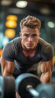 Young man lifting weights in gym to build muscle and stay fit during workout session photo