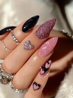 Elegant nail design with pink and black accents featuring glitter and unique shapes photo