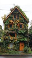 Unique green house covered in various plants and greenery in urban setting photo