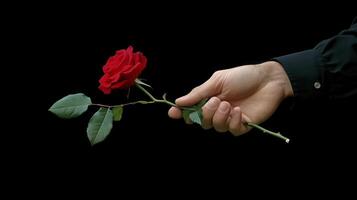Hand holding a red rose against dark background expressing emotion and beauty photo