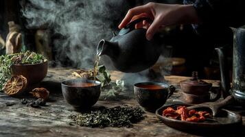 Pouring herbal tea from a black kettle into two rustic cups on a wooden table photo