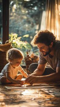 Joyful bonding time between father and toddler in a cozy indoor setting photo