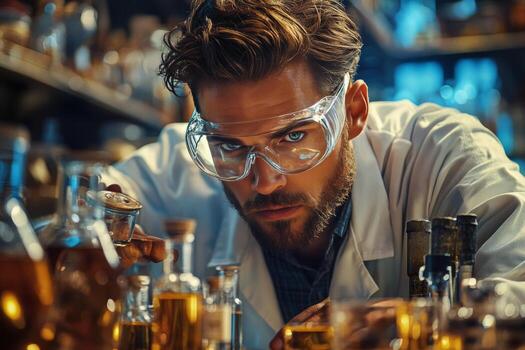 Scientist conducting experiments in laboratory filled with glassware and liquids photo