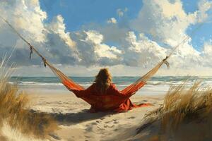 Relaxing in a hammock by the serene beach during a sunny day in a tropical paradise photo