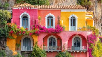 Colorful cliffside villa adorned with vibrant flowers in a coastal landscape photo
