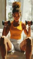 Young woman exercises at home with dumbbells in cozy living room during daytime photo
