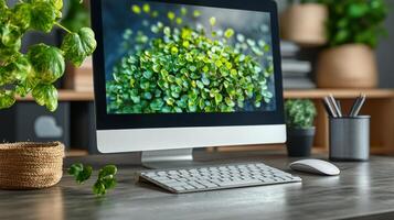 Modern workspace with keyboard and mouse surrounded by indoor plants on a gray desk photo