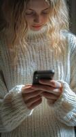 Young woman using smartphone while wearing cozy sweater in an urban setting during winter season photo