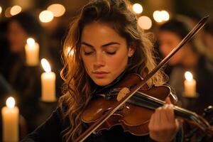 Young musician performing beautifully with violin in a crowded hall during a concert event photo