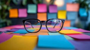 Glasses resting among colorful sticky notes on a desk in a creative workspace photo