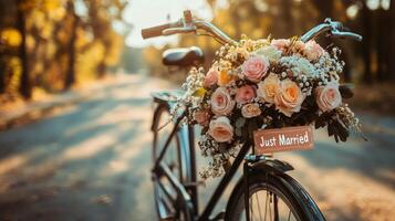 Vintage bicycle decorated with flowers and a sign in a charming courtyard after a wedding celebration photo