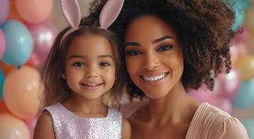Smiling mother and daughter celebrate special occasion with balloons and festive attire photo