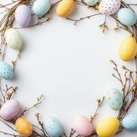 Colorful Easter eggs arranged in a decorative wreath on a white background photo