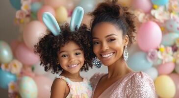 Mother and daughter celebrating Easter with joyful smiles and festive decorations in soft colors photo