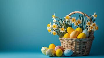 Vibrant Easter basket with yellow eggs and daffodils against a blue background photo
