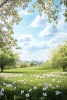 Blooming flowers in a vibrant green meadow under a blue sky with fluffy clouds photo
