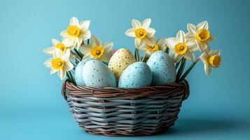 Vibrant spring arrangement with decorative eggs and daffodils in a woven basket photo