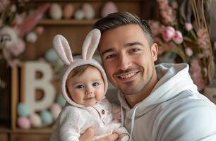 Smiling father holds baby girl wearing bunny hat during spring celebration at home photo