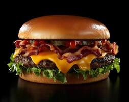 Delicious bacon cheeseburger with fresh lettuce, pickles, and ketchup on a clean black background photo