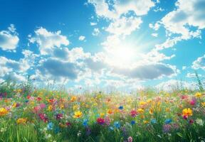 Colorful wildflower meadow under bright blue sky with fluffy clouds photo