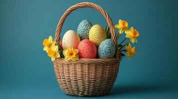 Colorful Easter eggs in a woven basket surrounded by vibrant daffodils photo