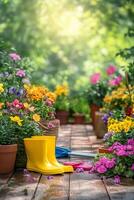 Brightly colored garden pathway lined with blooming flowers and gardening tools on a sunny day photo