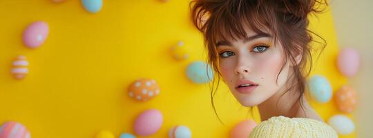 Celebrating spring with a young woman in pastel colors against a bright yellow background photo